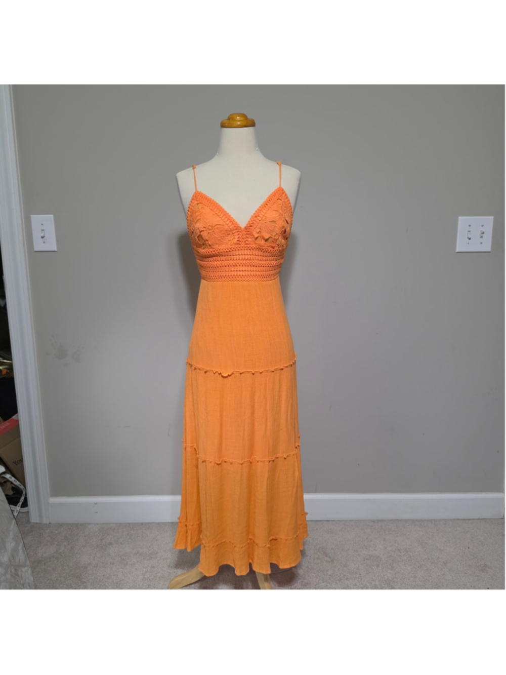 Love Tree Orange Crochet Maxi Dress Sz S Tiered Boho Backless Sundress